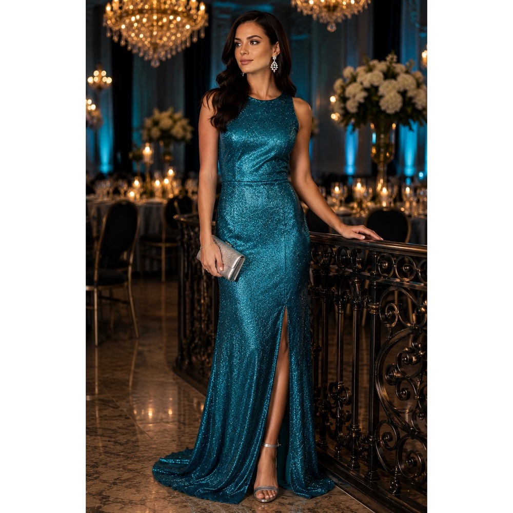 Dessy Collection 3063 Midnight Blue Metallic High Neck Gown Dress Size 10R Slit